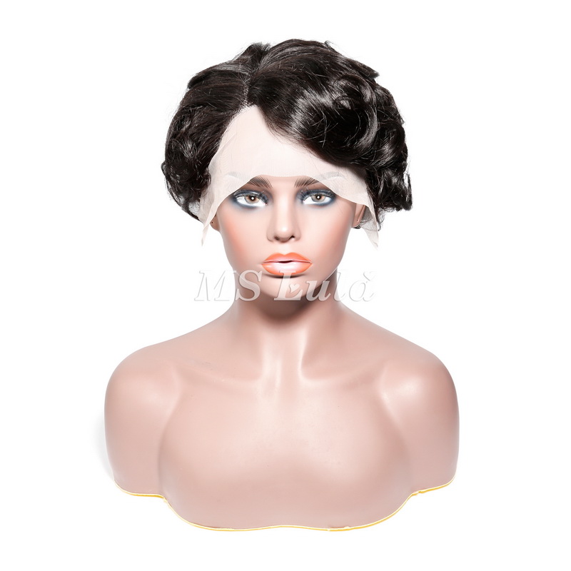 #1B Natural Color Human Hair Curly Wig T Part Pixie Cut Wigs - 图片 4
